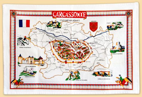  tea towel : plan of the city and castles of the Aude - Regional guide - Cité of Carcassonne & Languedoc-Roussillon